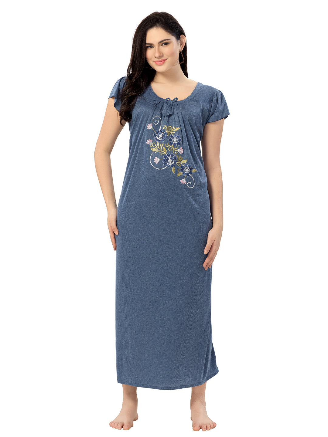 Women's Pure Hosiery Cotton Blended Solid Maxi Dress for Daily & Night Wear Floral Nighty