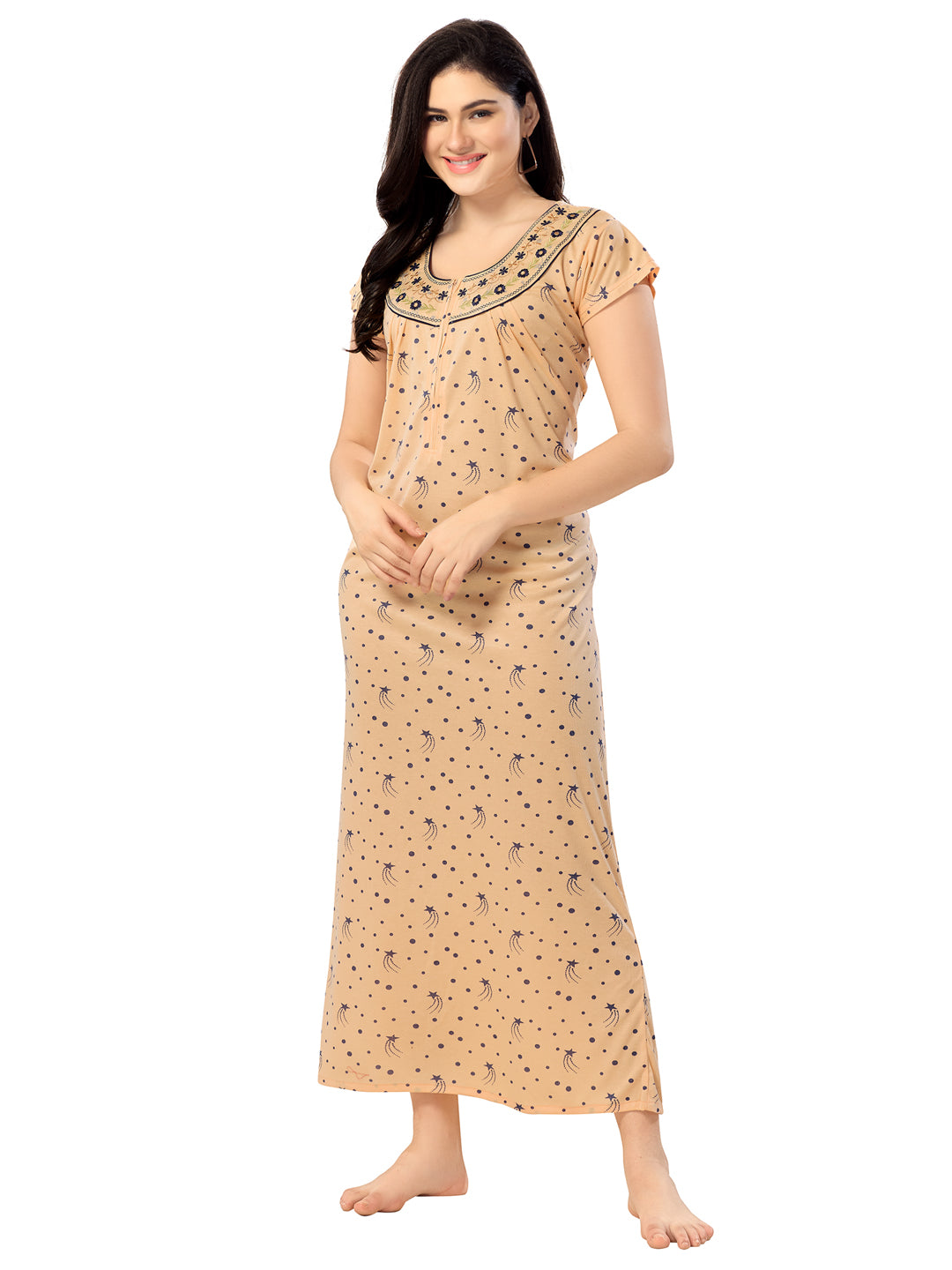 1135-Women's Cotton Printed Nighty – Pink, Full Length, Short Sleeves