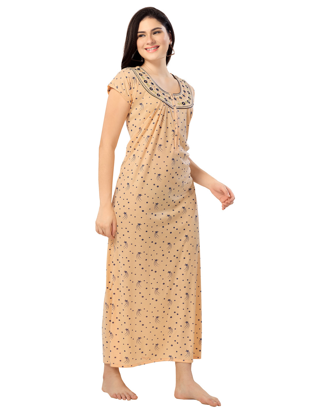 1135-Women's Cotton Printed Nighty – Pink, Full Length, Short Sleeves