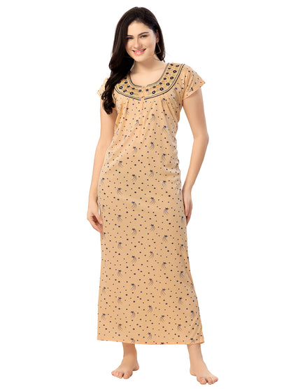 1135-Women's Cotton Printed Nighty – Pink, Full Length, Short Sleeves