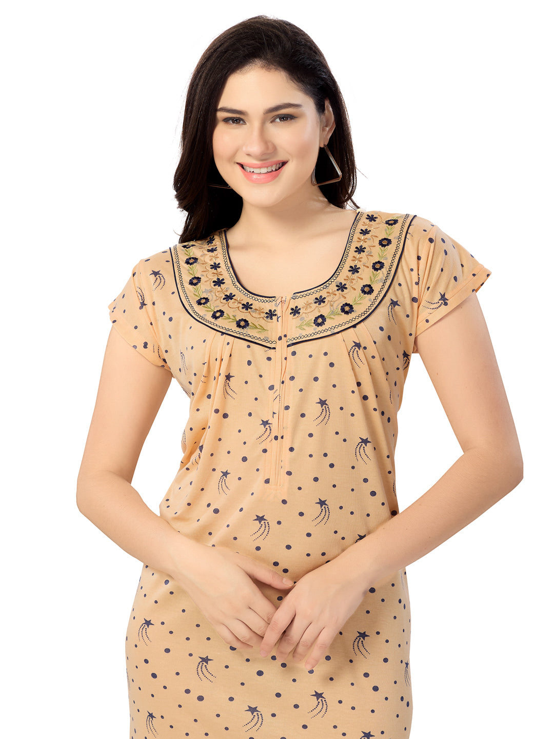 1135-Women's Cotton Printed Nighty – Pink, Full Length, Short Sleeves