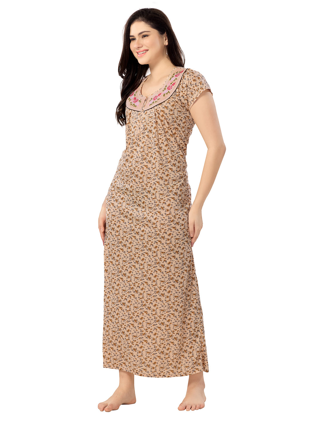 Women's Pure Cotton Hosiery Blended Printed Maxi Dress for Daily & Night Wear Floral Nighty
