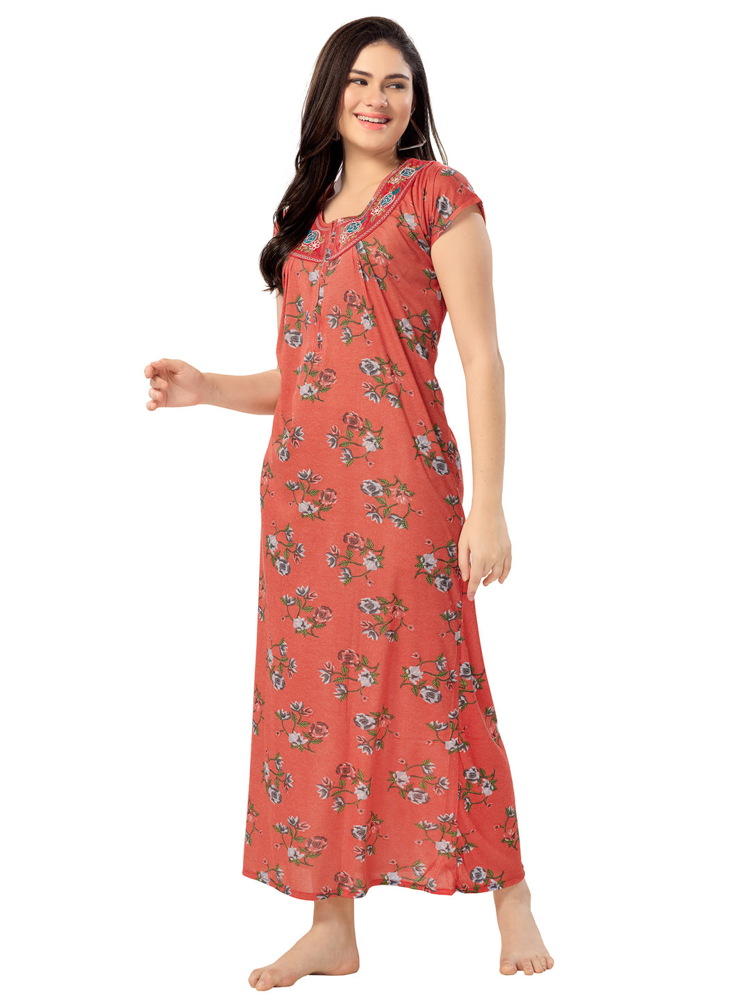 Women's Pure Cotton Blended Printed Maxi Dress for Daily & Night Wear Floral Nighty