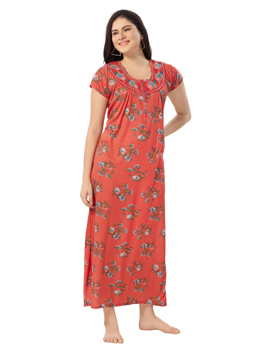 Women's Pure Cotton Blended Printed Maxi Dress for Daily & Night Wear Floral Nighty