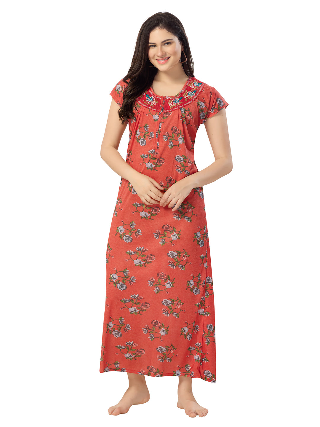 Women's Pure Cotton Blended Printed Maxi Dress for Daily & Night Wear Floral Nighty