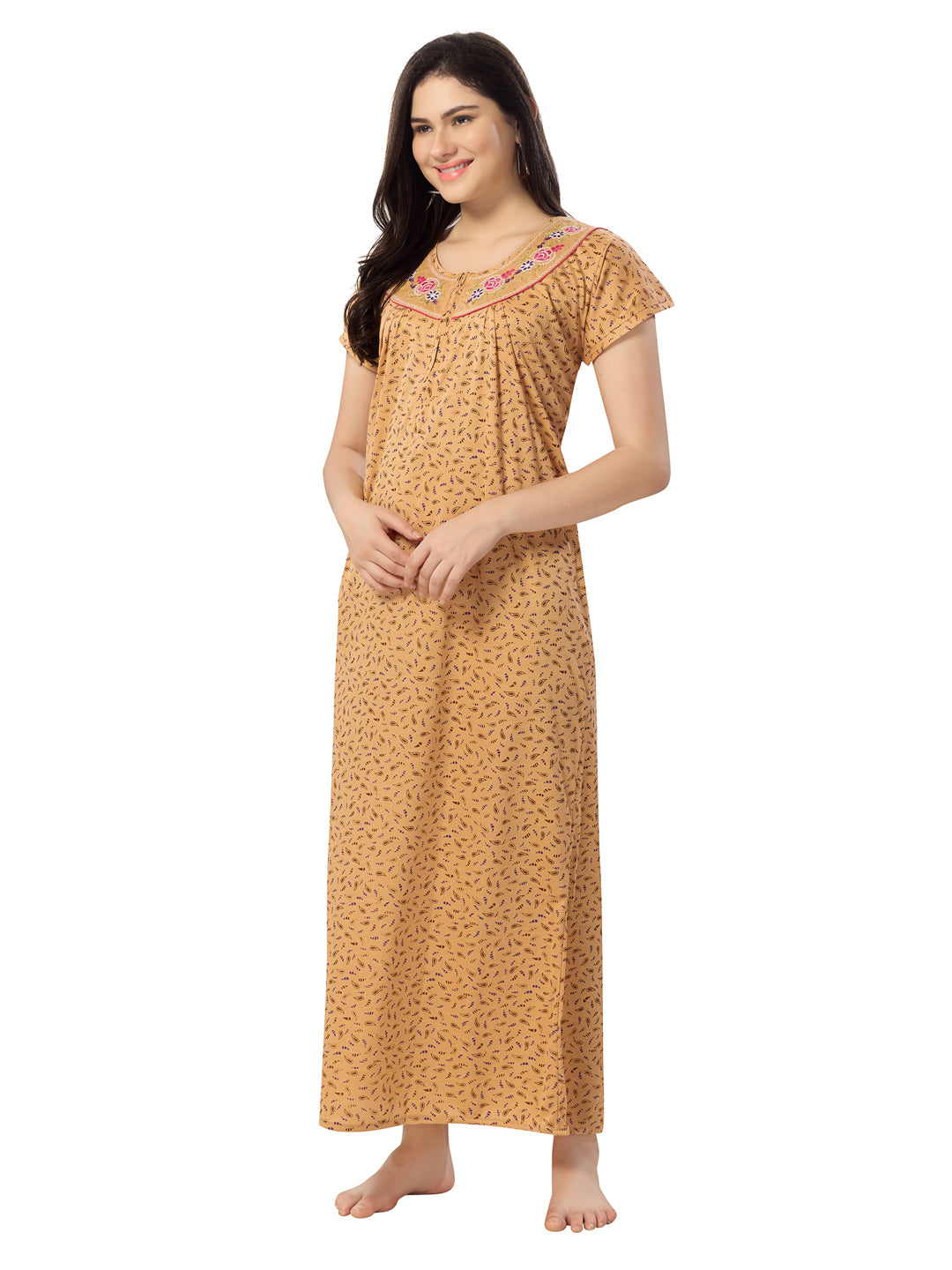 1277-Women's Pure Cotton Blended Printed Maxi Dress for Daily & Night Wear Floral Nighty