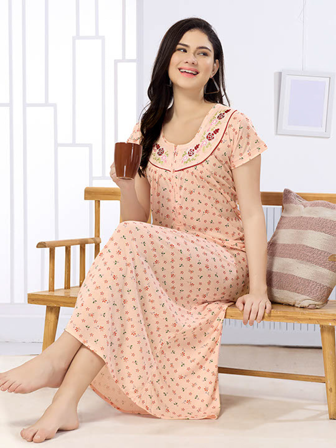 Women's Pure Cotton Blended Printed Maxi Dress for Daily & Night Wear Floral Nighty