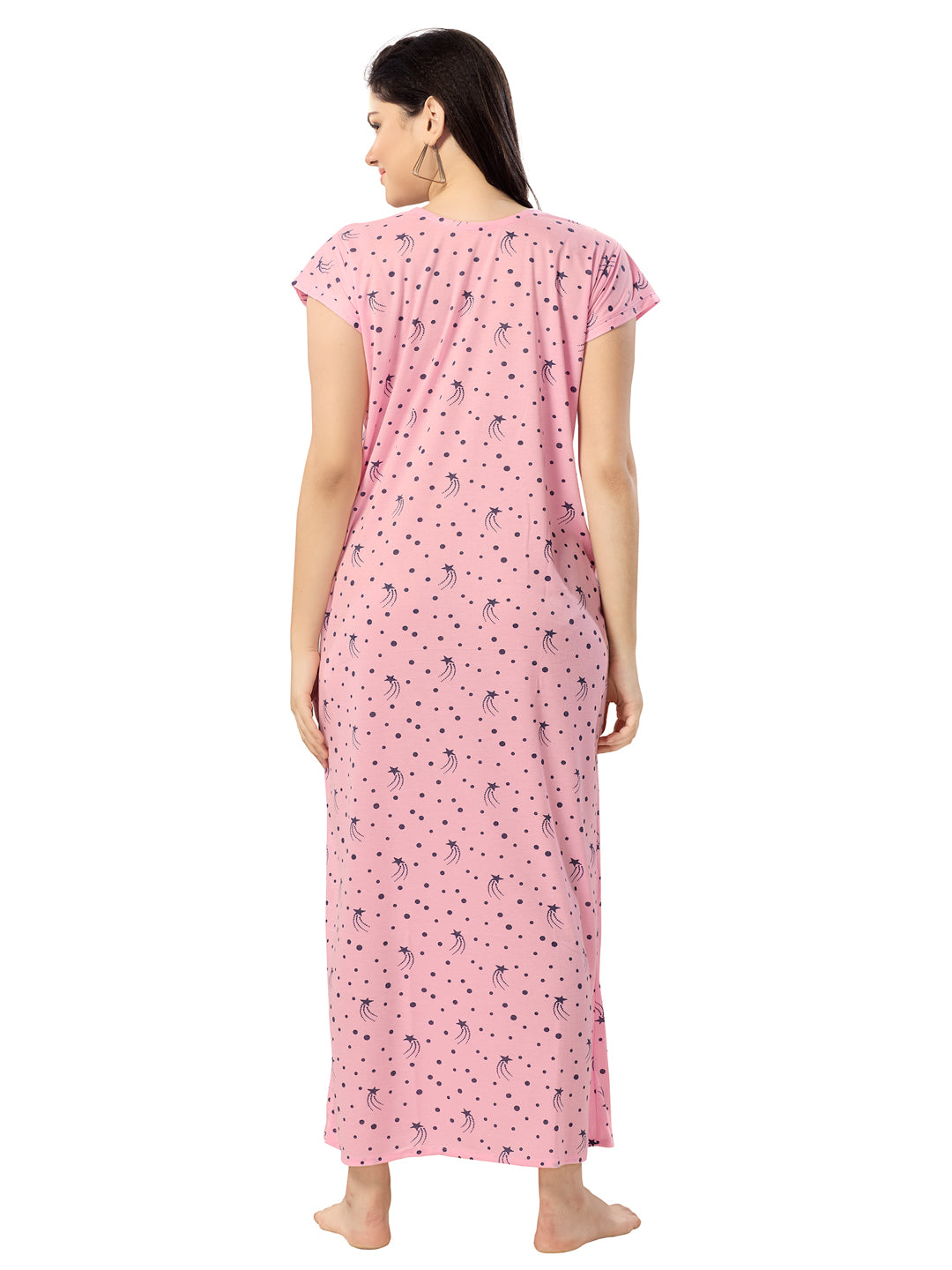 1135-Women's Cotton Printed Nighty – Pink, Full Length, Short Sleeves