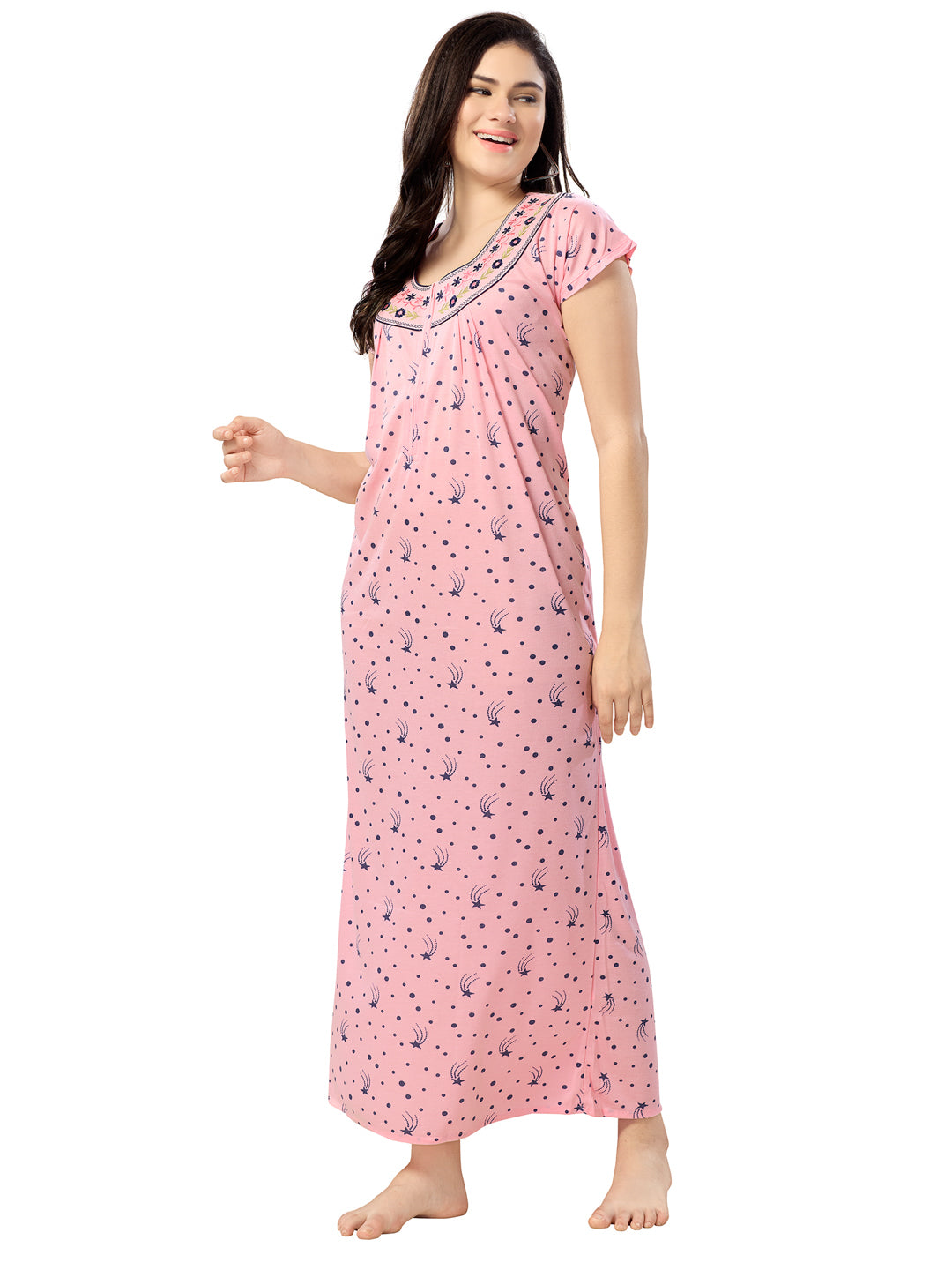 1135-Women's Cotton Printed Nighty – Pink, Full Length, Short Sleeves