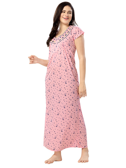 1135-Women's Cotton Printed Nighty – Pink, Full Length, Short Sleeves