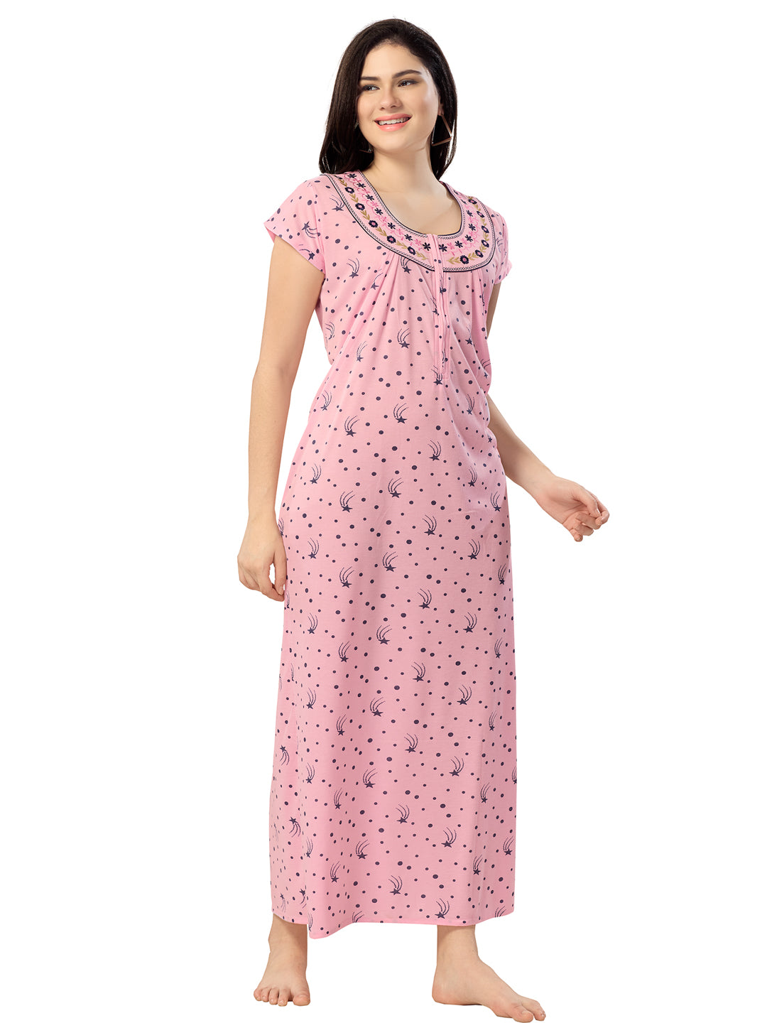 1135-Women's Cotton Printed Nighty – Pink, Full Length, Short Sleeves