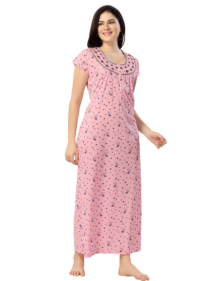 1135-Women's Cotton Printed Nighty – Pink, Full Length, Short Sleeves