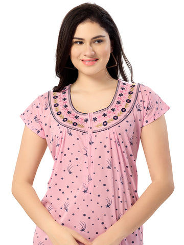 1135-Women's Cotton Printed Nighty – Pink, Full Length, Short Sleeves