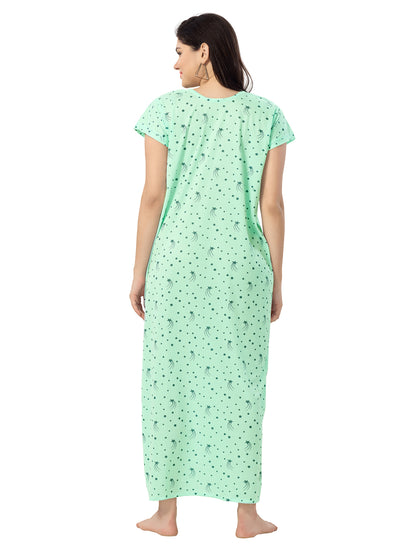 1135-Women's Cotton Printed Nighty – Pink, Full Length, Short Sleeves