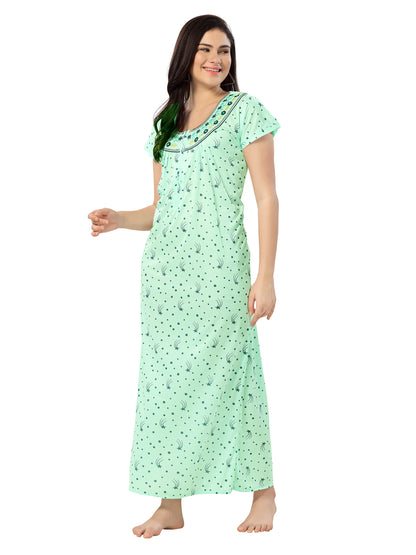 1135-Women's Cotton Printed Nighty – Pink, Full Length, Short Sleeves
