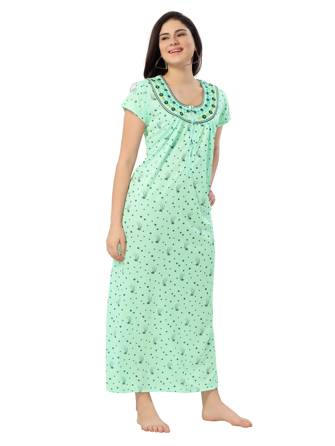 1135-Women's Cotton Printed Nighty – Pink, Full Length, Short Sleeves
