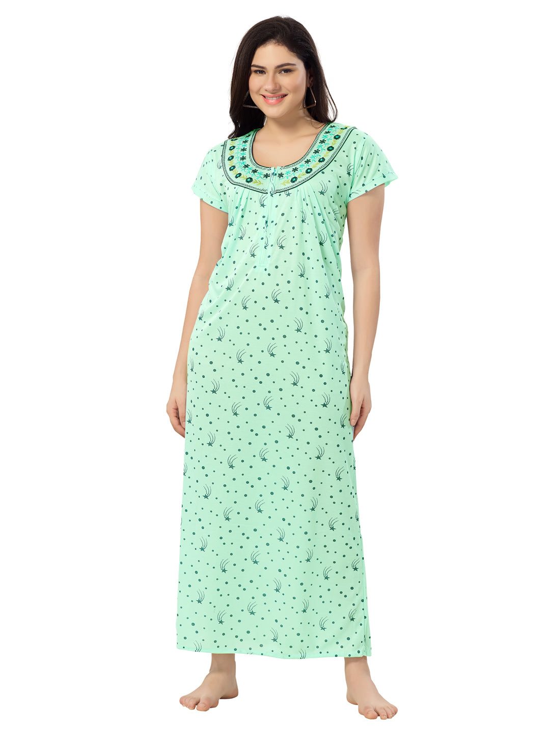 1135-Women's Cotton Printed Nighty – Pink, Full Length, Short Sleeves