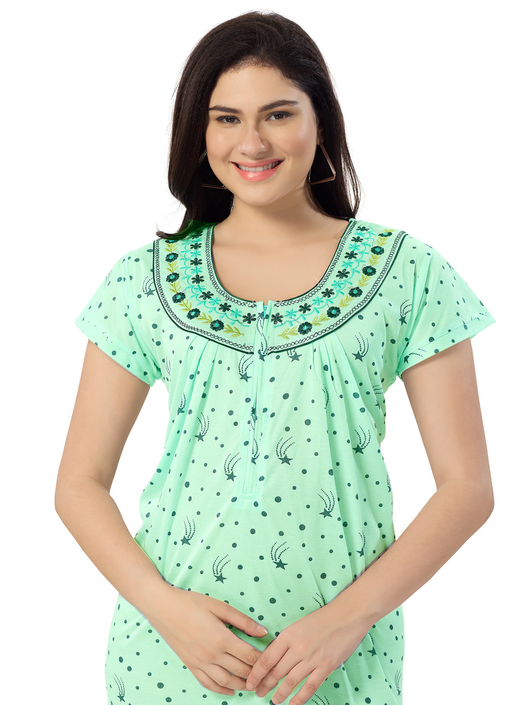 1135-Women's Cotton Printed Nighty – Pink, Full Length, Short Sleeves
