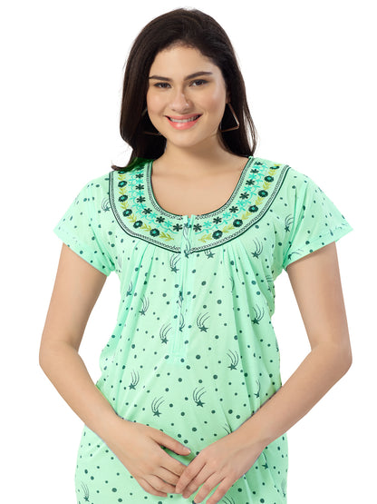 1135-Women's Cotton Printed Nighty – Pink, Full Length, Short Sleeves
