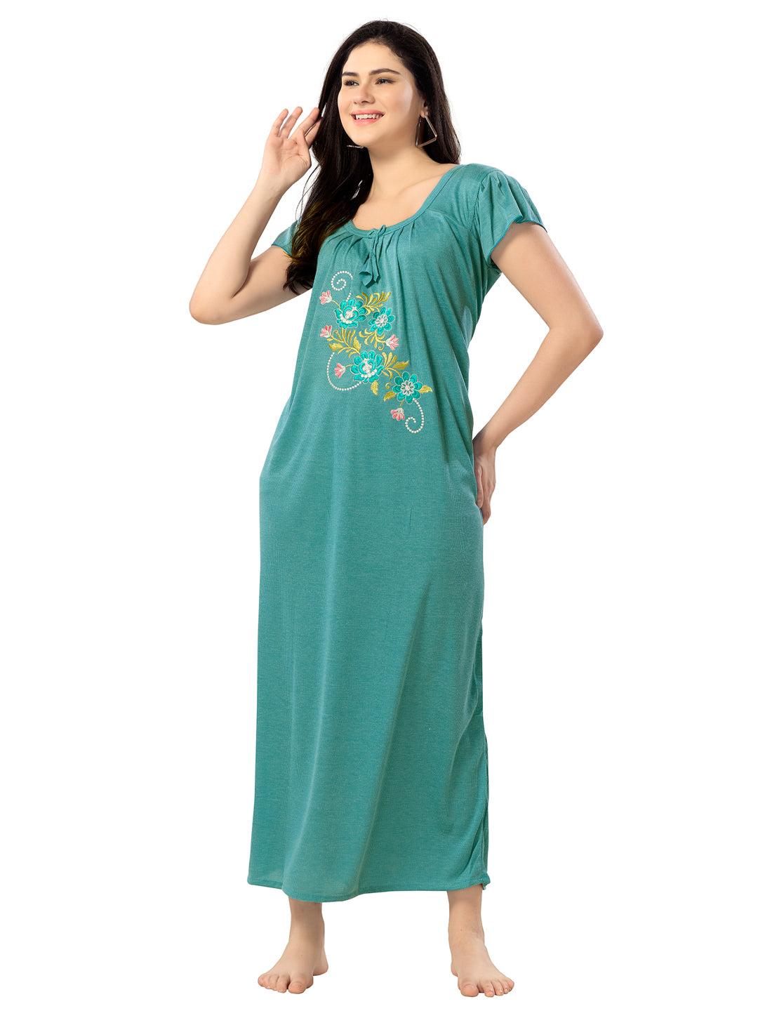 Women's Pure Hosiery Cotton Blended Solid Maxi Dress for Daily & Night Wear Floral Nighty