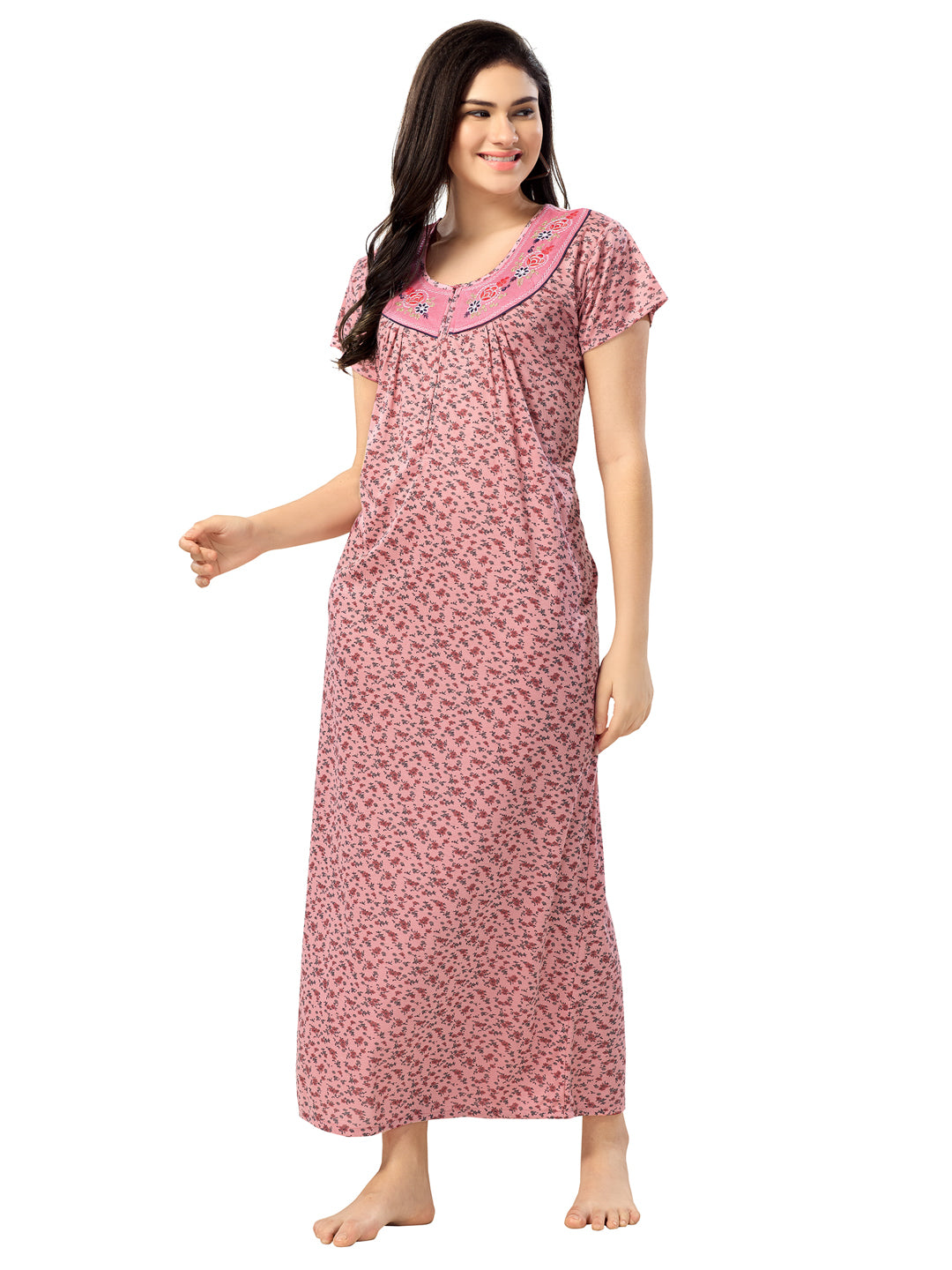 Women's Pure Cotton Hosiery Blended Printed Maxi Dress for Daily & Night Wear Floral Nighty
