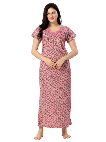 Women's Pure Cotton Hosiery Blended Printed Maxi Dress for Daily & Night Wear Floral Nighty