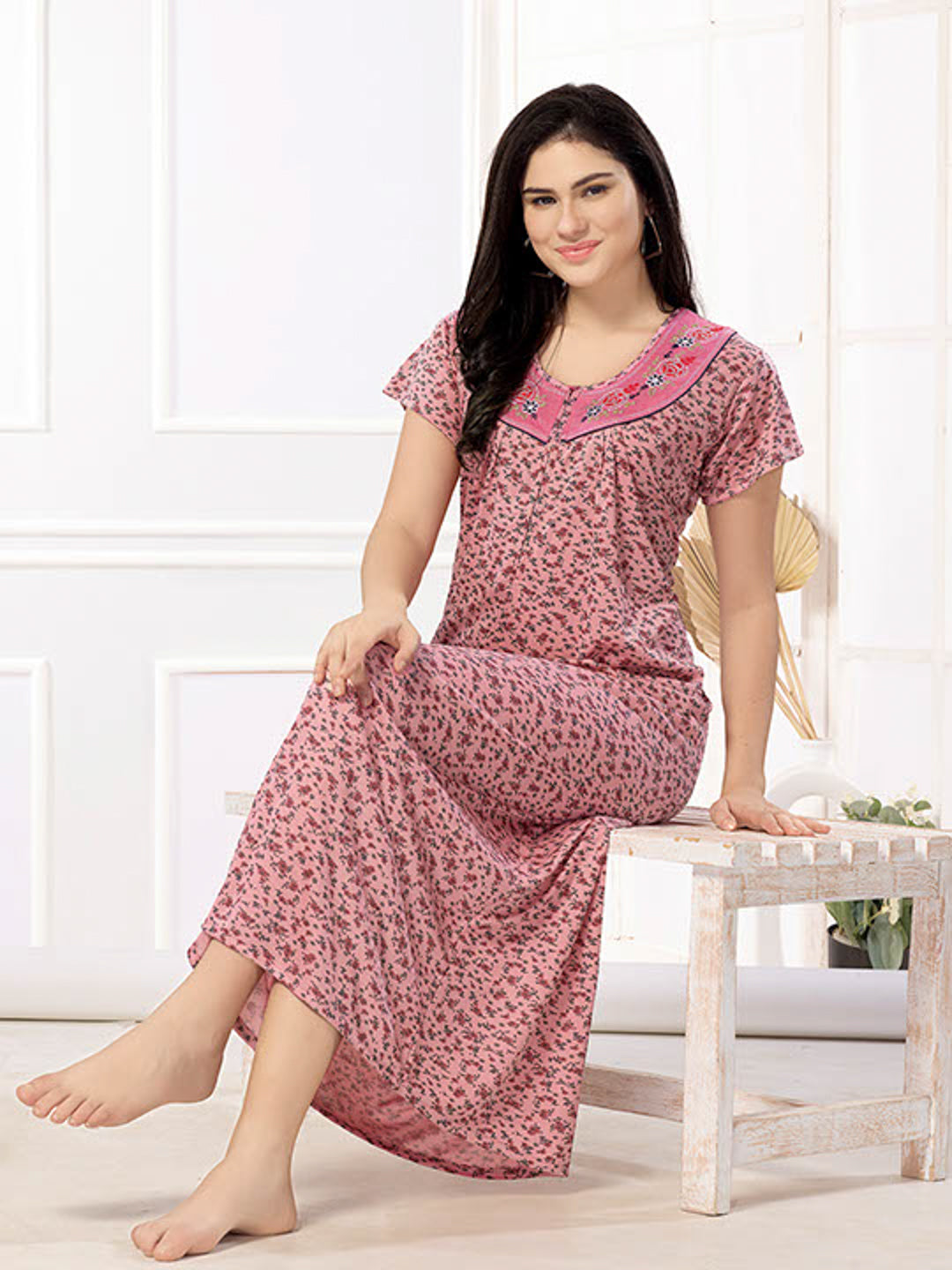 Women's Pure Cotton Hosiery Blended Printed Maxi Dress for Daily & Night Wear Floral Nighty