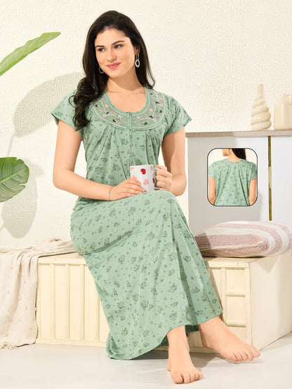 Women's Pure Cotton Blended Printed Maxi Dress for Daily & Night Wear Floral Nighty