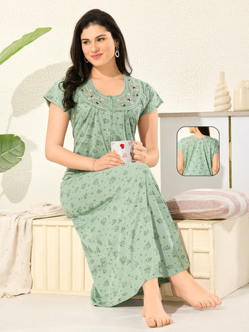 Women's Pure Cotton Blended Printed Maxi Dress for Daily & Night Wear Floral Nighty
