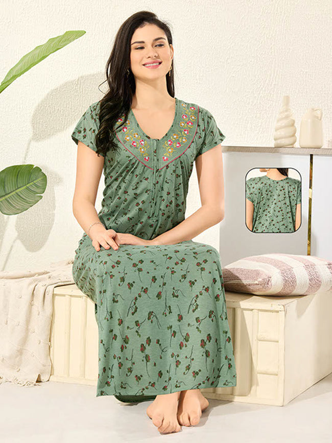 Women's Pure Cotton Blended Printed Maxi Dress for Daily & Night Wear Floral Nighty