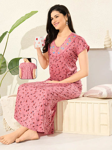 Women's Pure Cotton Blended Printed Maxi Dress for Daily & Night Wear Floral Nighty