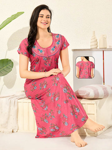 Women's Pure Cotton Blended Printed Maxi Dress for Daily & Night Wear Floral Nighty