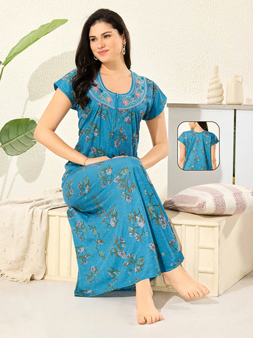 Women's Pure Cotton Blended Printed Maxi Dress for Daily & Night Wear Floral Nighty