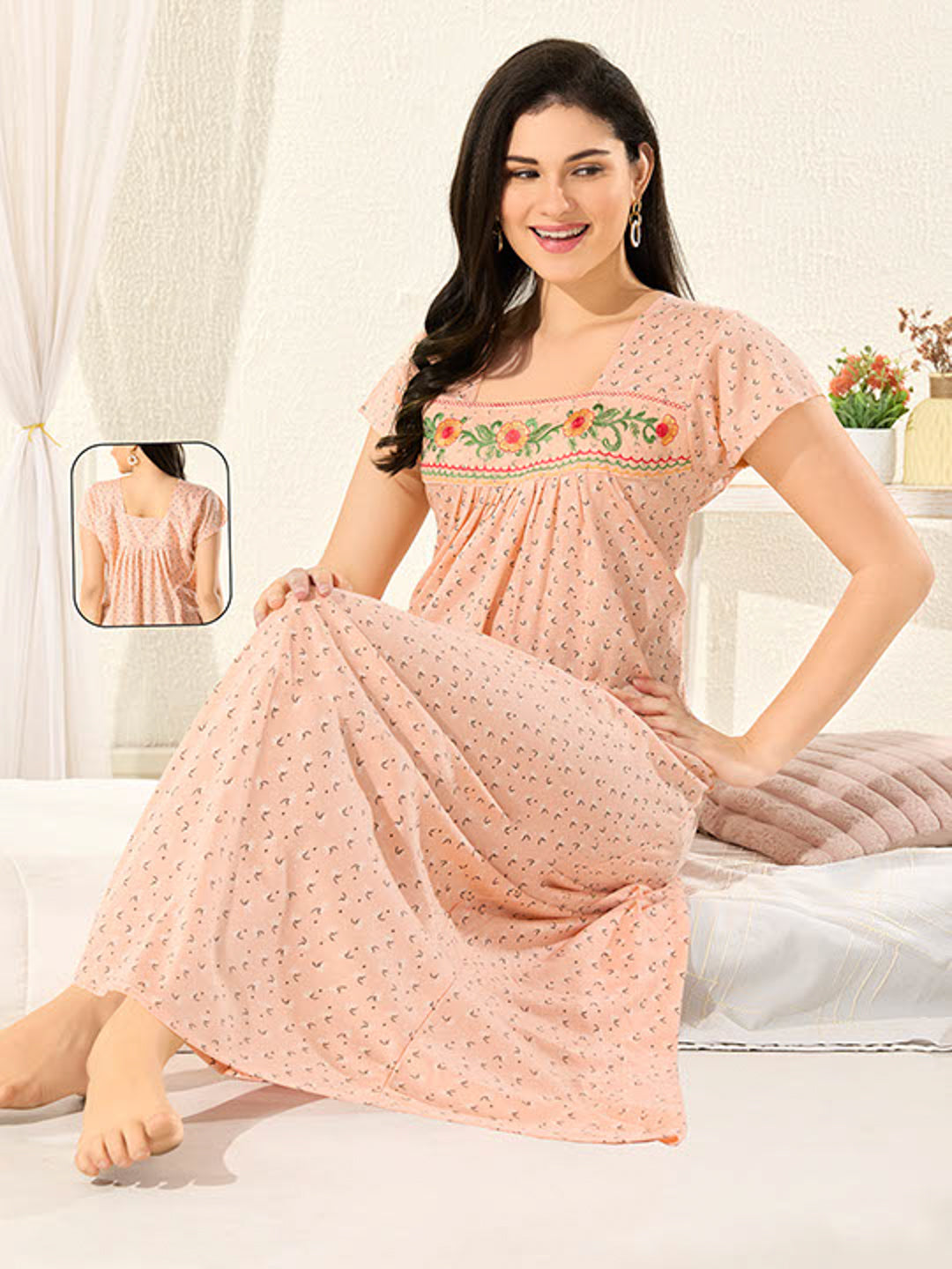 Women's Pure Cotton Blended Printed Maxi Dress for Daily & Night Wear Floral Nighty