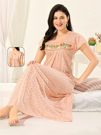 Women's Pure Cotton Blended Printed Maxi Dress for Daily & Night Wear Floral Nighty