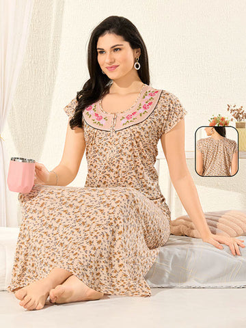 Women's Pure Cotton Hosiery Blended Printed Maxi Dress for Daily & Night Wear Floral Nighty