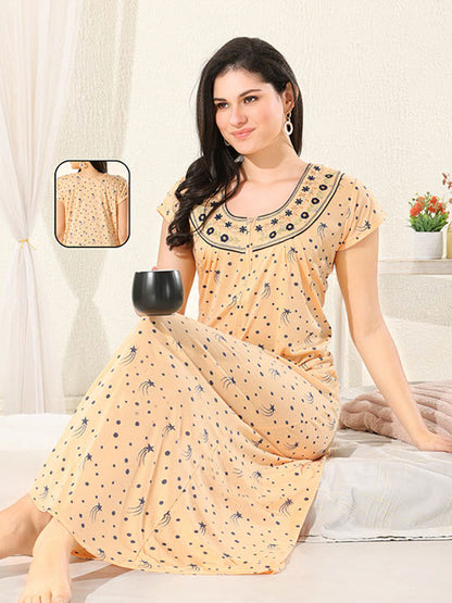 1135-Women's Cotton Printed Nighty – Pink, Full Length, Short Sleeves