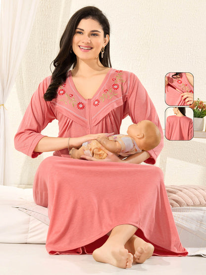 Women's Pure Hosiery Cotton Blended Solid Maxi Dress for Daily & Night Wear Floral Nighty