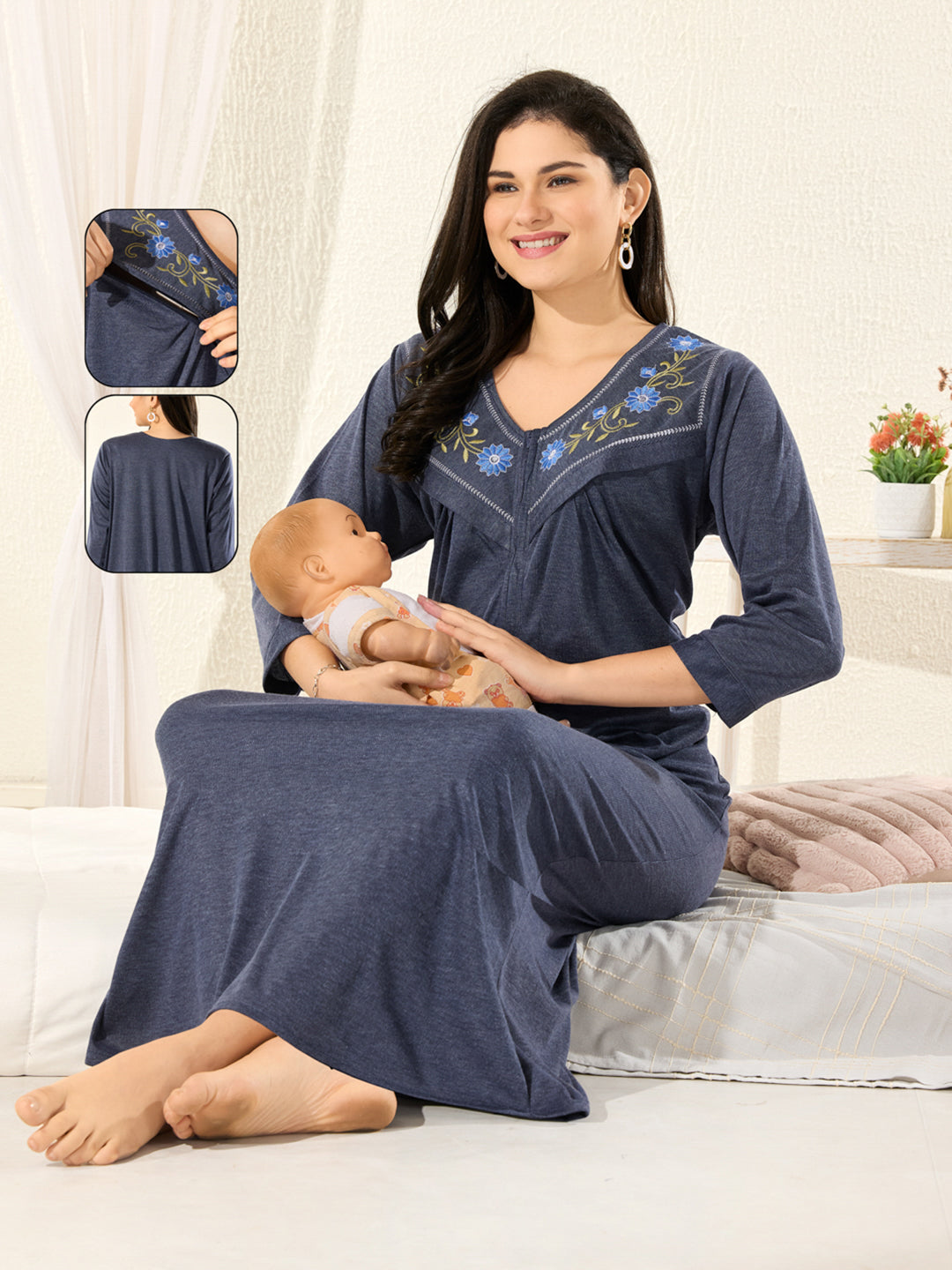 Women's Pure Hosiery Cotton Blended Solid Maxi Dress for Daily & Night Wear Floral Nighty
