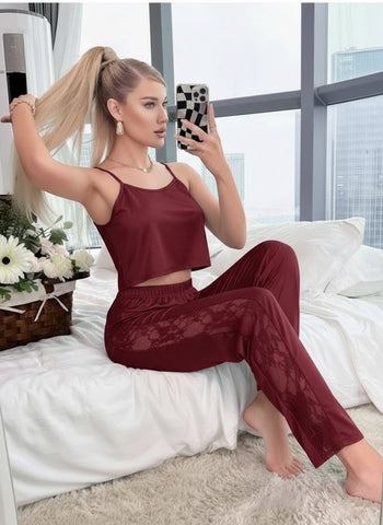 11038 - Women Maroon Solid Lounge Co-Ord Set with Lace Insert Crop Top & Pyjama
