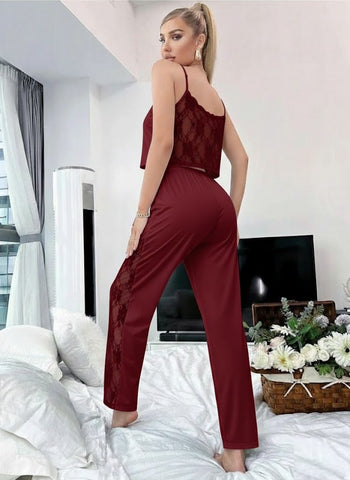 11038 - Women Maroon Solid Lounge Co-Ord Set with Lace Insert Crop Top & Pyjama