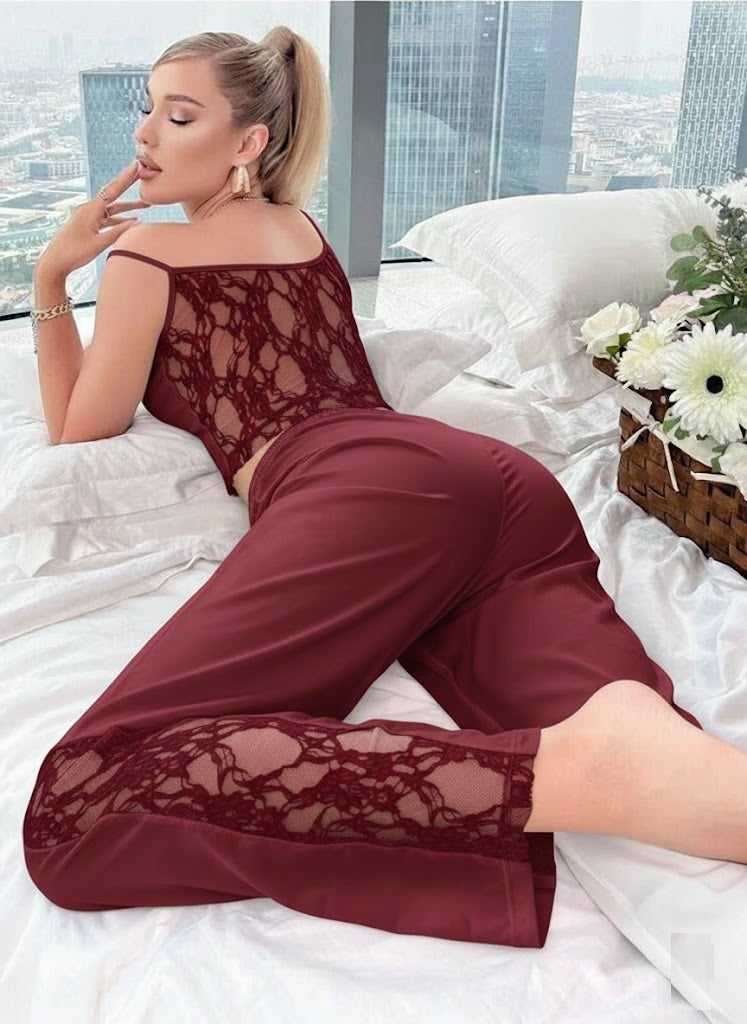 11038 - Women Maroon Solid Lounge Co-Ord Set with Lace Insert Crop Top & Pyjama