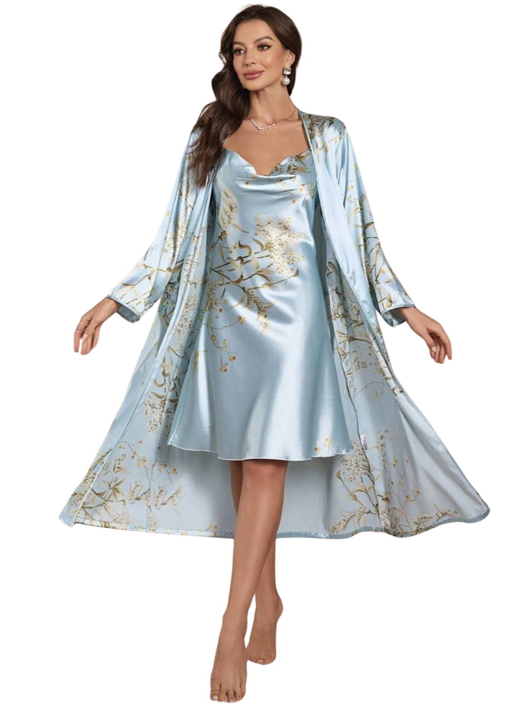 11003-Green Floral Satin Nightwear Robe Set for Women – Elegant Night Dress & Sleepwear