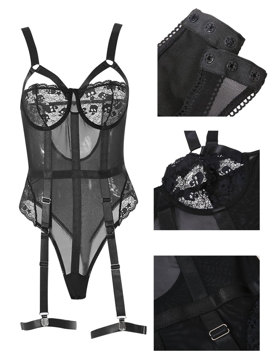 71 Black-Strappy Sheer Lace Garter Bodysuit