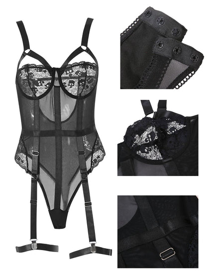 71 Black-Strappy Sheer Lace Garter Bodysuit