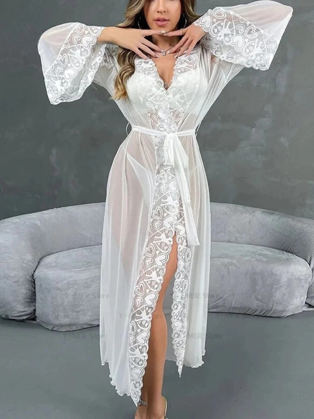 11037 - Women White Sheer Lace Longline Night Robe with Waist Tie-Up