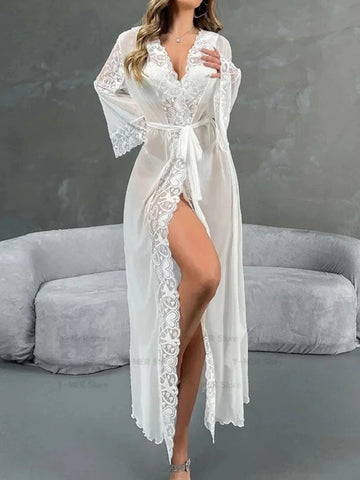 11037 - Women White Sheer Lace Longline Night Robe with Waist Tie-Up