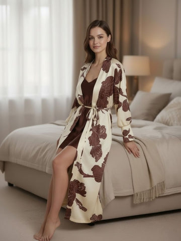 11020- Women Brown Satin Slip Dress with Floral Print Long Robe Nightwear Set