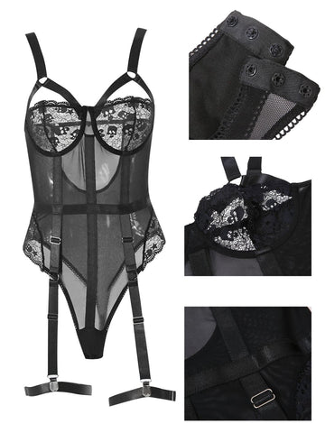 71 Black-Strappy Sheer Lace Garter Bodysuit