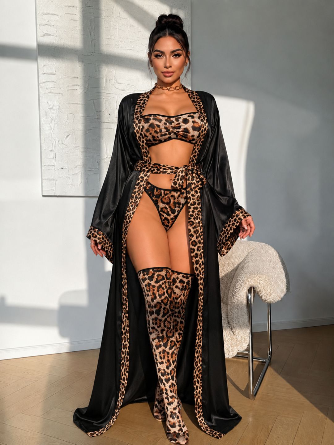 (503-11027) - Women Animal Print 6-Piece Lingerie Set with Satin Robe, Arm Sleeves & Stockings